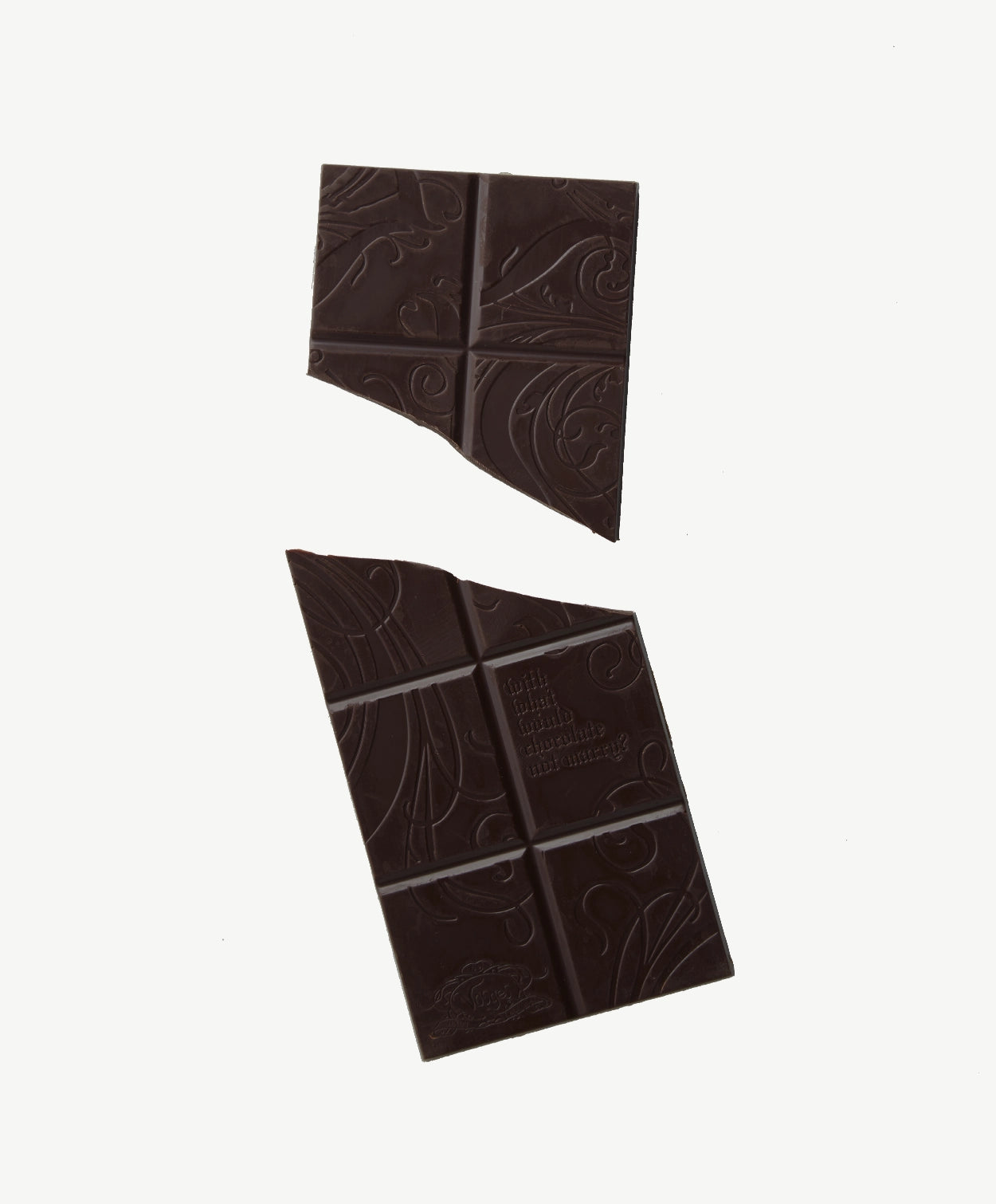Vosges Mo's Dark Chocolate Bacon Bar broken in two on a light grey background.
