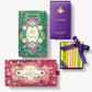 Four Vosges collections: Gingerbread Toffee, Champagne Dessert Cups, Mini Chocolate Bar Library and La Parisienne drinking chocolate sit on a light grey background.