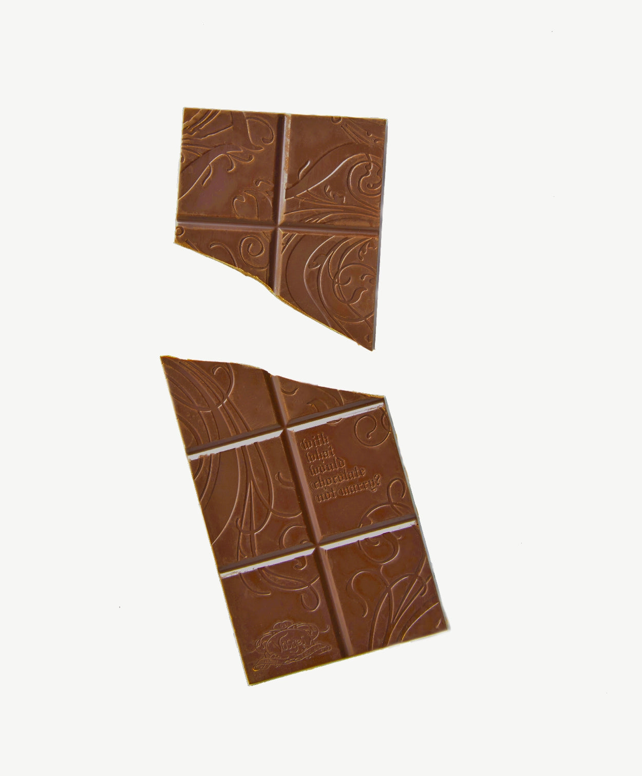 A Vosges Turmeric Ginger Chocolate bar sits broken in two on a light grey background.  