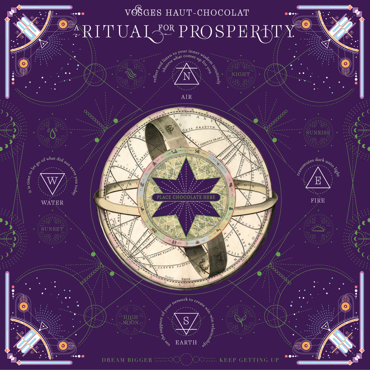 The Vosges ritual card for prosperity.  Purple decorated with ornate line drawings and design.
