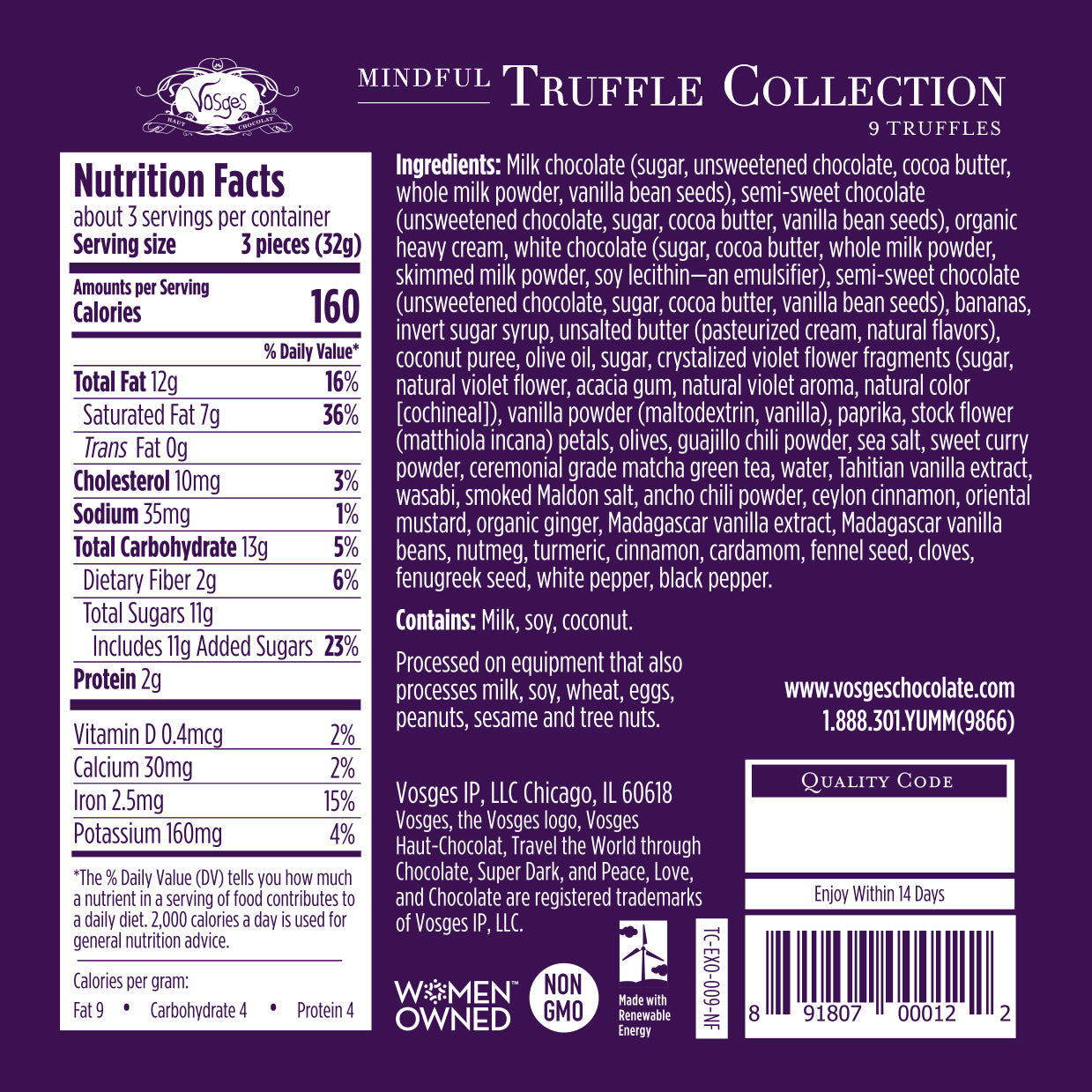 Nutrition Facts and Ingredients of Vosges Haut-Chocolat Mindful Truffle Collection in white, san-serif font on a deep purple background.
