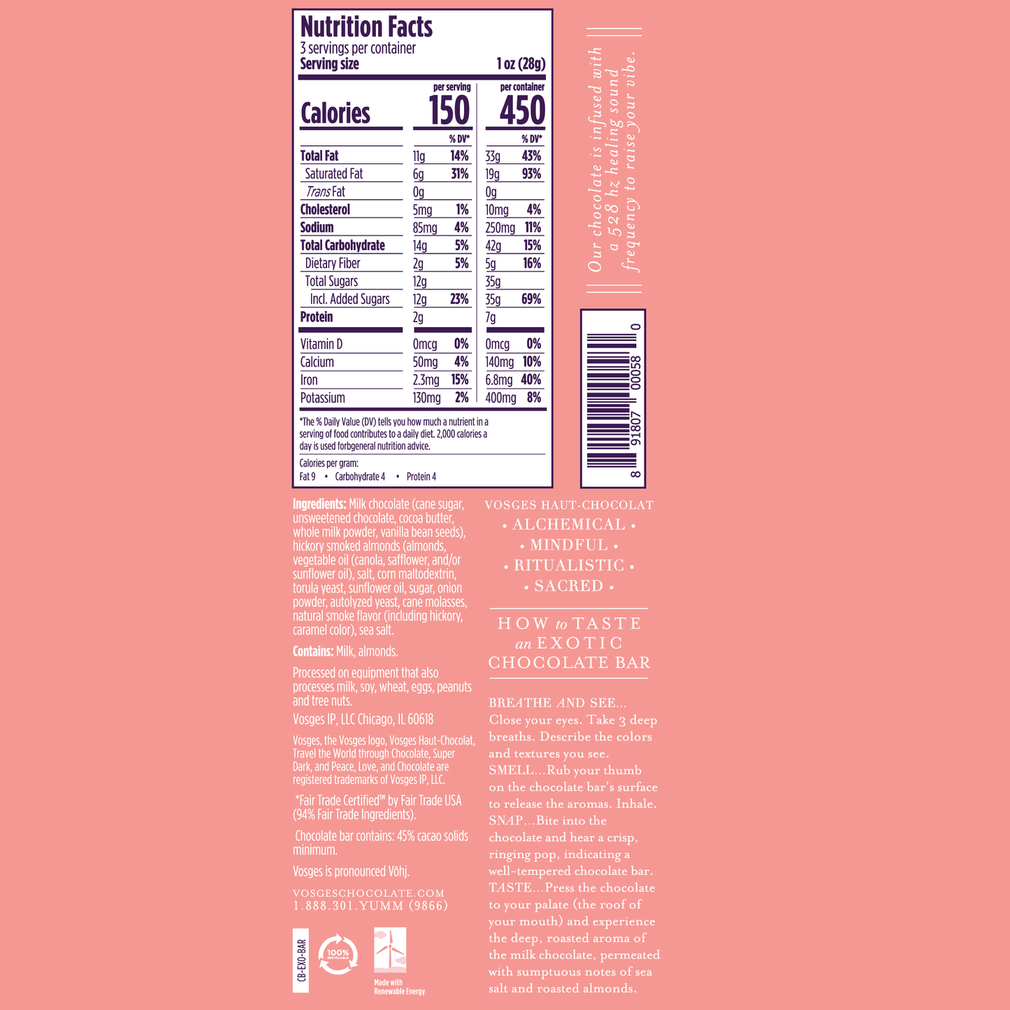 Nutrition Facts and Ingredients of Vosges Haut-Chocolat Barcelona bar in white, san-serif font on a pastel pink background.