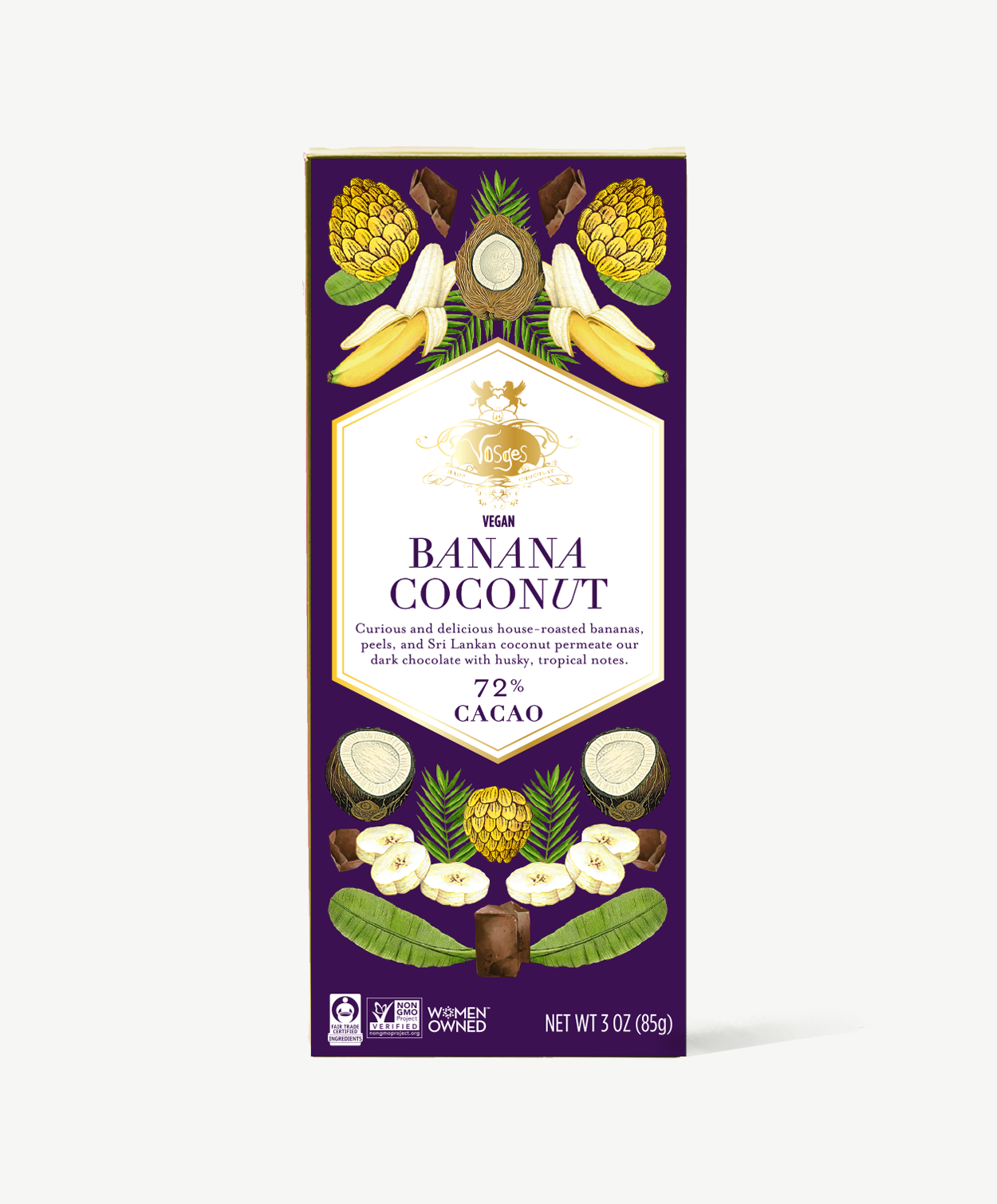 Vosges Banana Coconut bar stands upright displaying a purple box  featuring illustrations of fruit and coconuts on a grey background.
