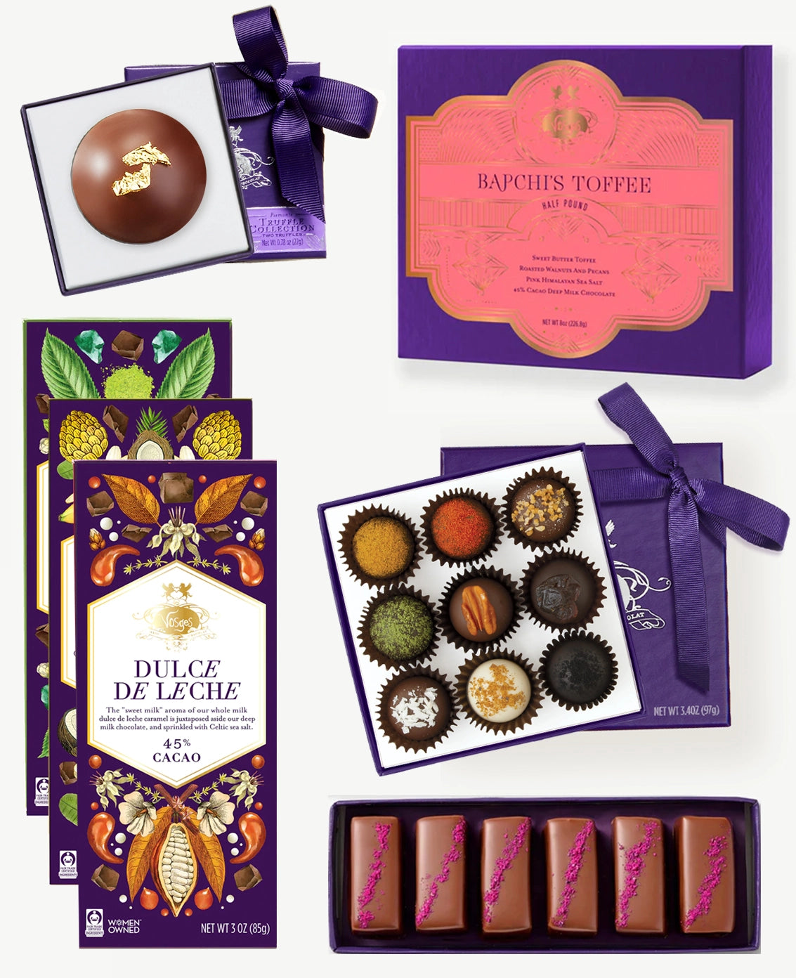 An image collage three Vosges chocolate bars, caramels, exotic truffles, toffee and la bome included in the Best of Vosges Haut-Chocolat bundle.