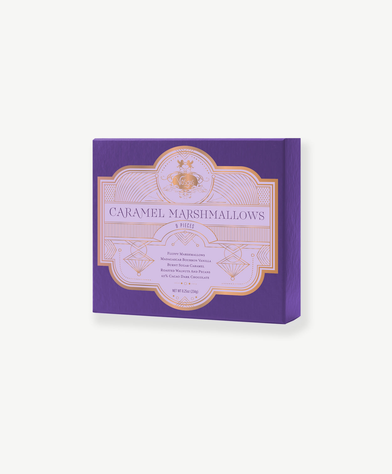 A purple Vosges Haut-Chocolat candy box reading, "Caramel Marshmallows" stands upright on a white background.