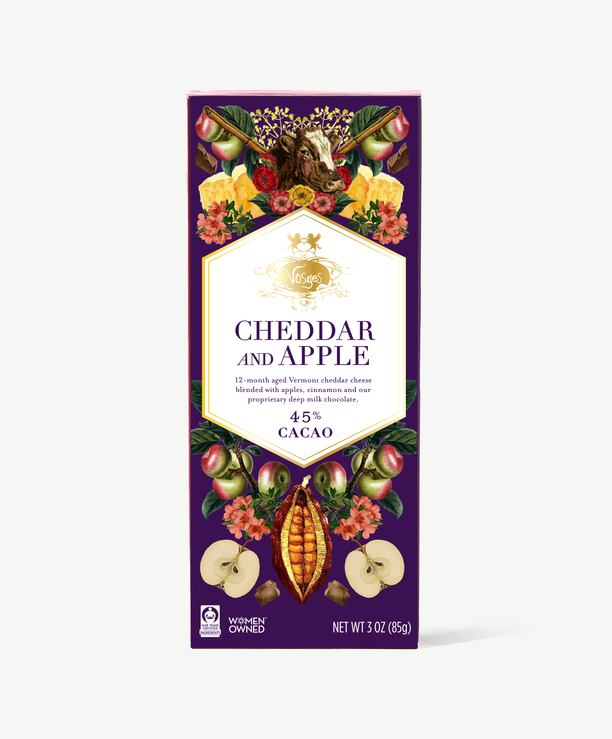 Vosges Cheddar and Apple bar stands upright displaying a purple box wrapper featuring illustrations of fruit and flowers on a grey background.