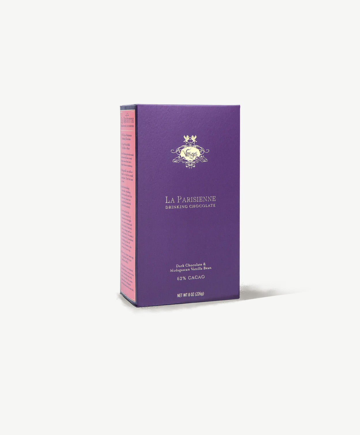 A dark purple Vosges box reading, "La Parisienne Drinking Chocolate" stands upright against a light grey background.