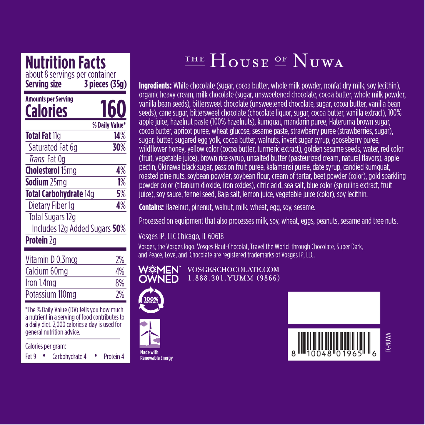 Nutrition Facts and Ingredients of Vosges Haut-Chocolat House of Nuwa Collection written in white san-serif font on a purple background.