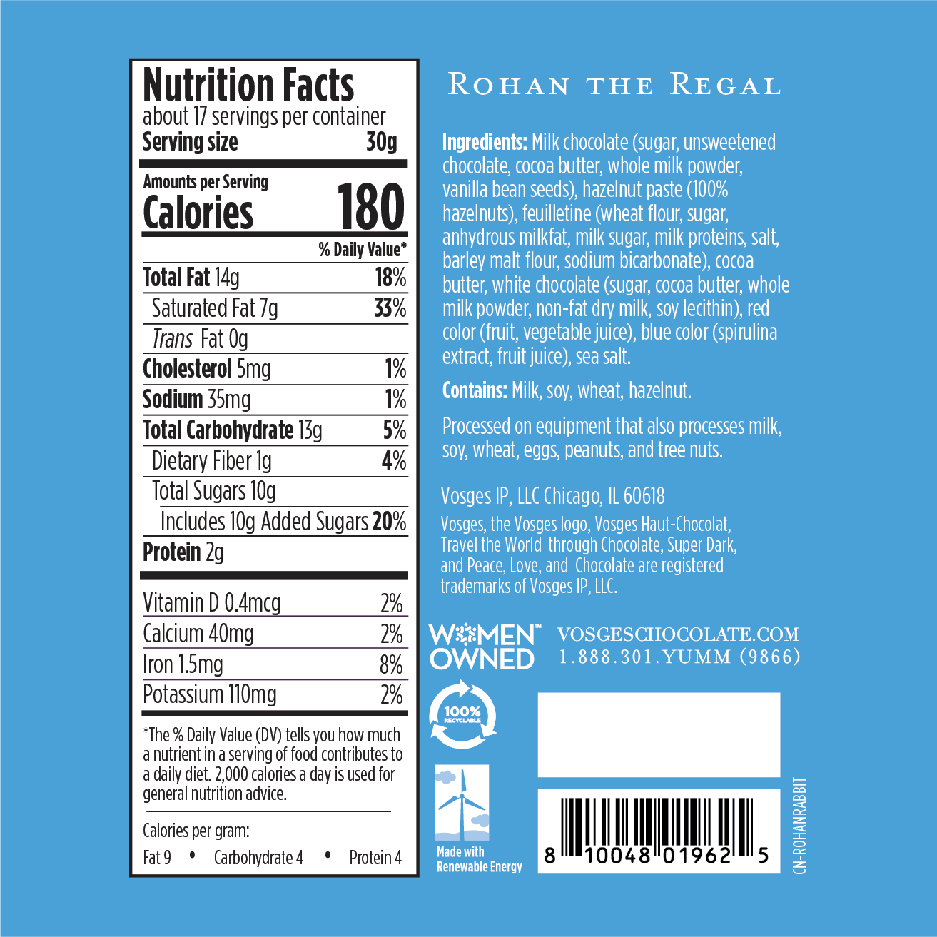 Nutrition Facts and Ingredients of Vosges Haut-Chocolat Rohan the Regal Rabbit in white, san-serif font on a sky blue background.  