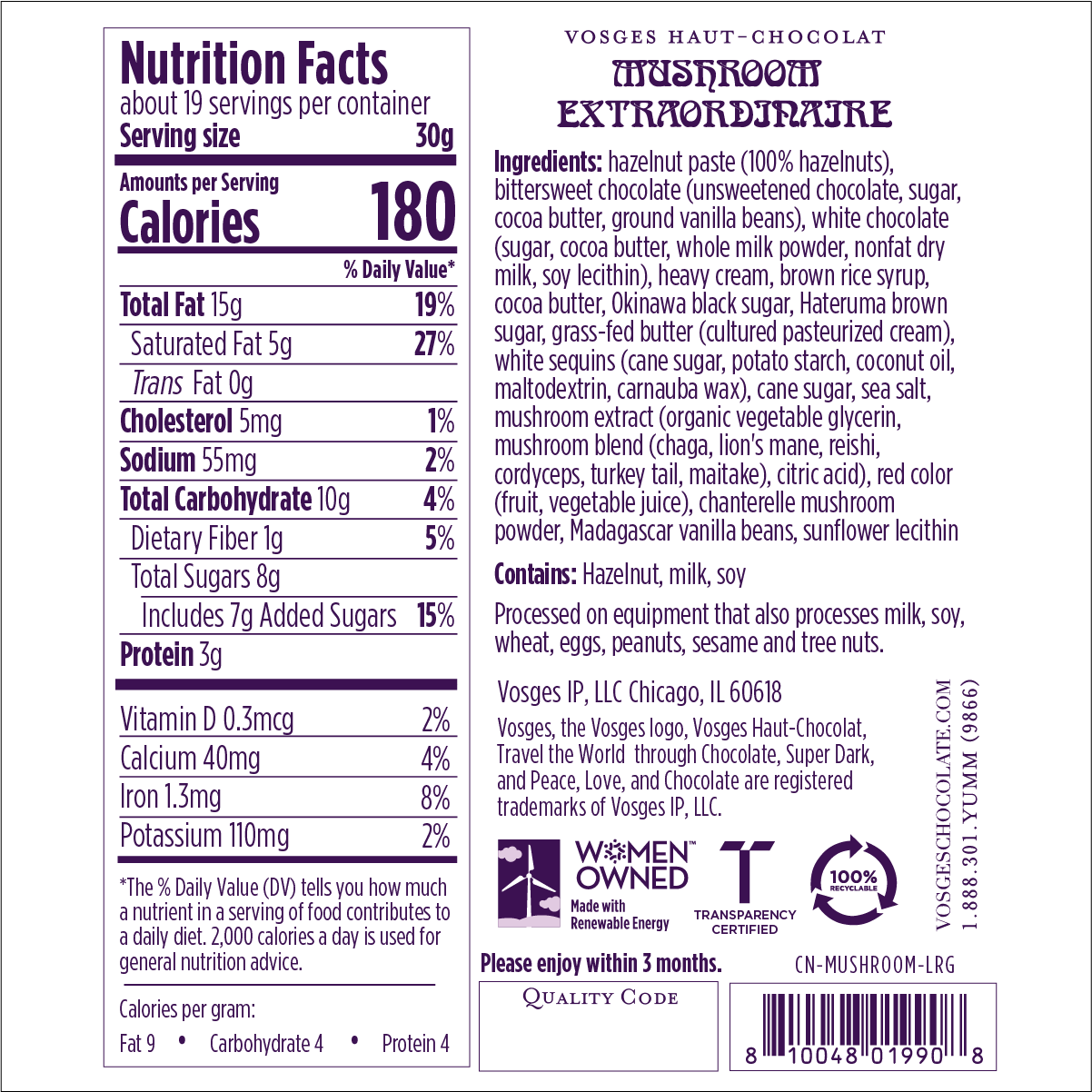 Nutrition Facts and Ingredients of Vosges Haut-Chocolat Enchanted Mushroom Extraordinaire in purple, san-serif font on a white background.