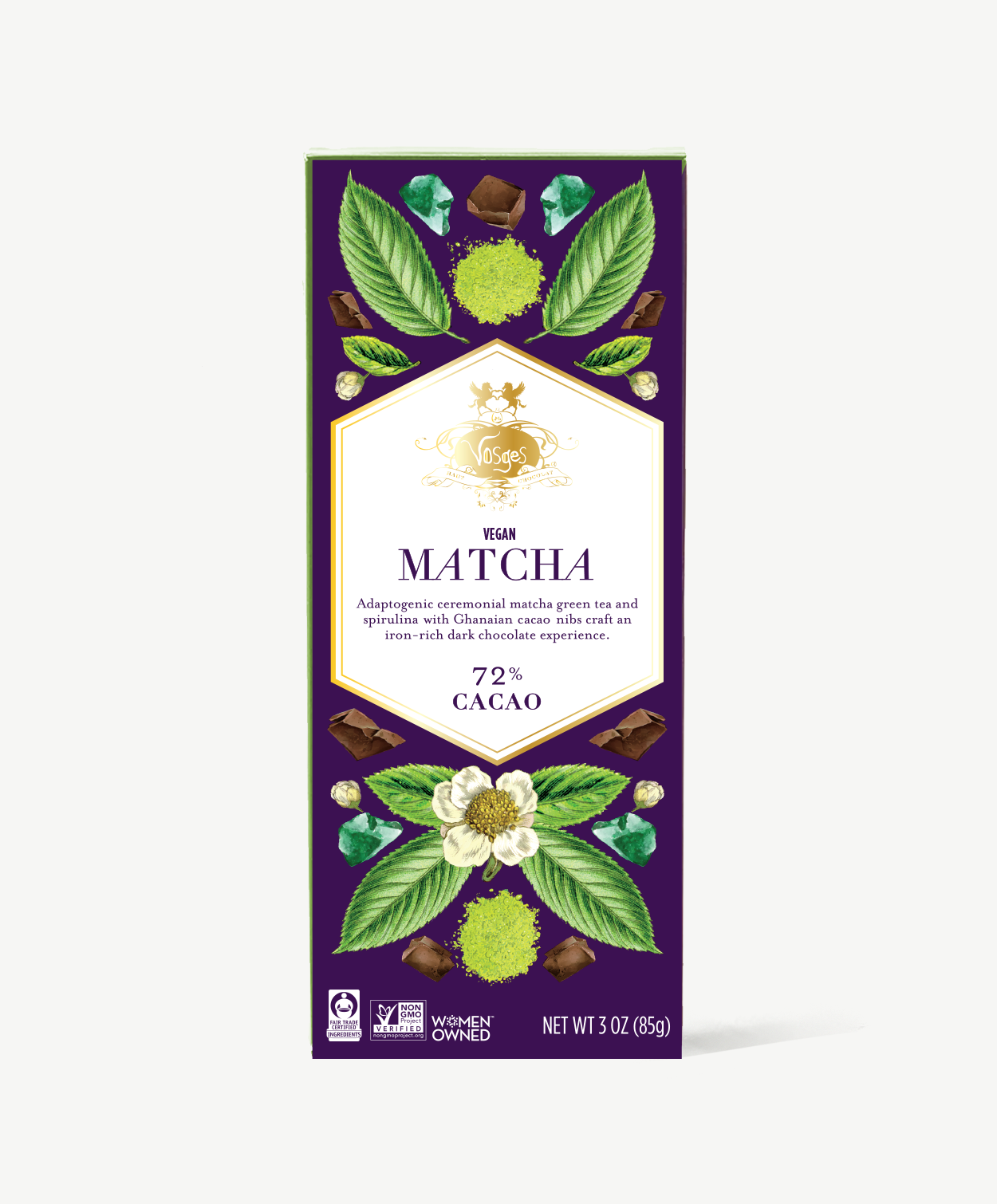 Vosges Matcha Chocolate bar stands upright displaying a purple box  featuring illustrations of tea leaves and flowers on a grey background.