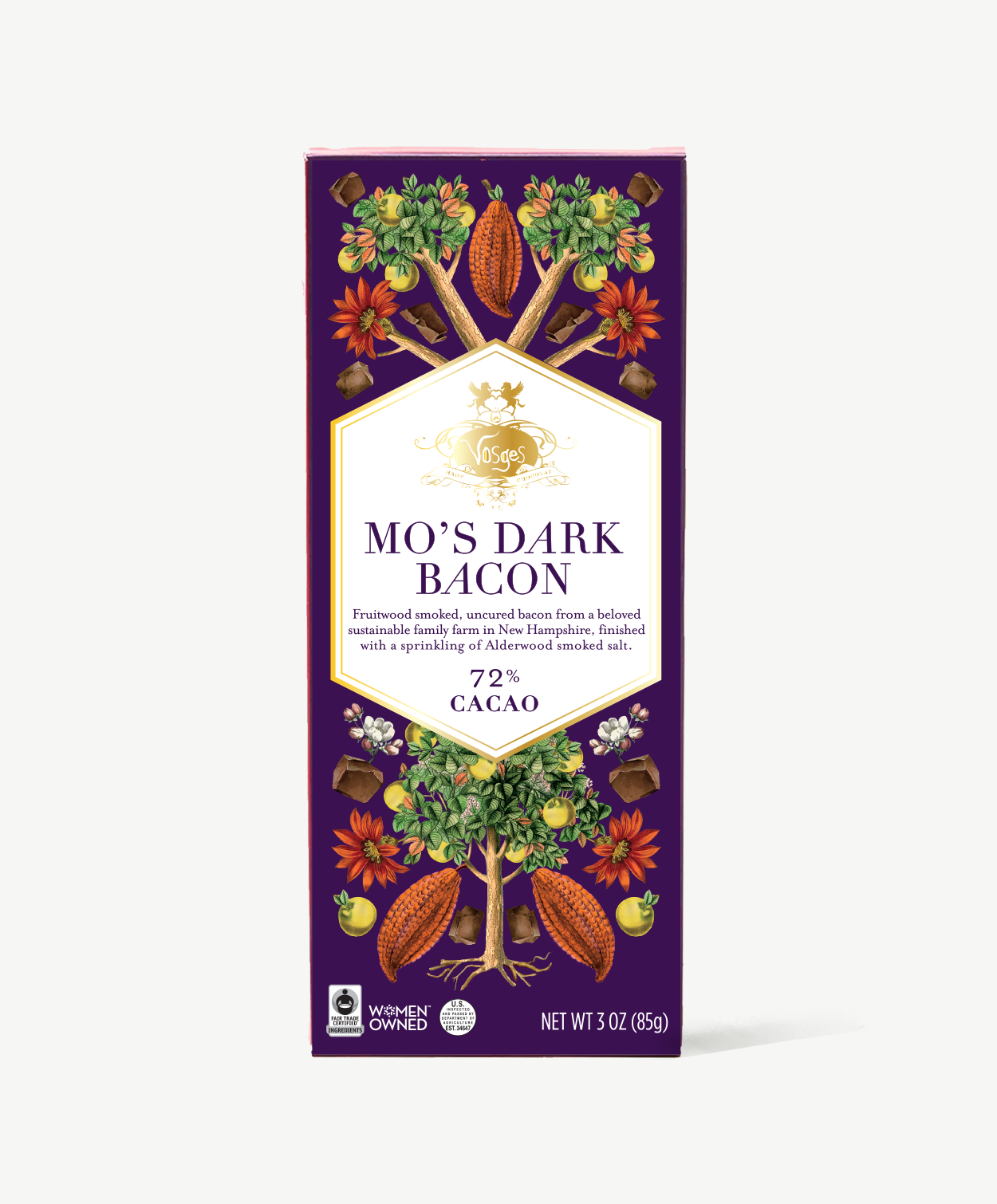 Vosges Mo's Dark Chocolate Bacon bar stands upright displaying a purple box  featuring illustrations of cherries and cheese on a grey background.