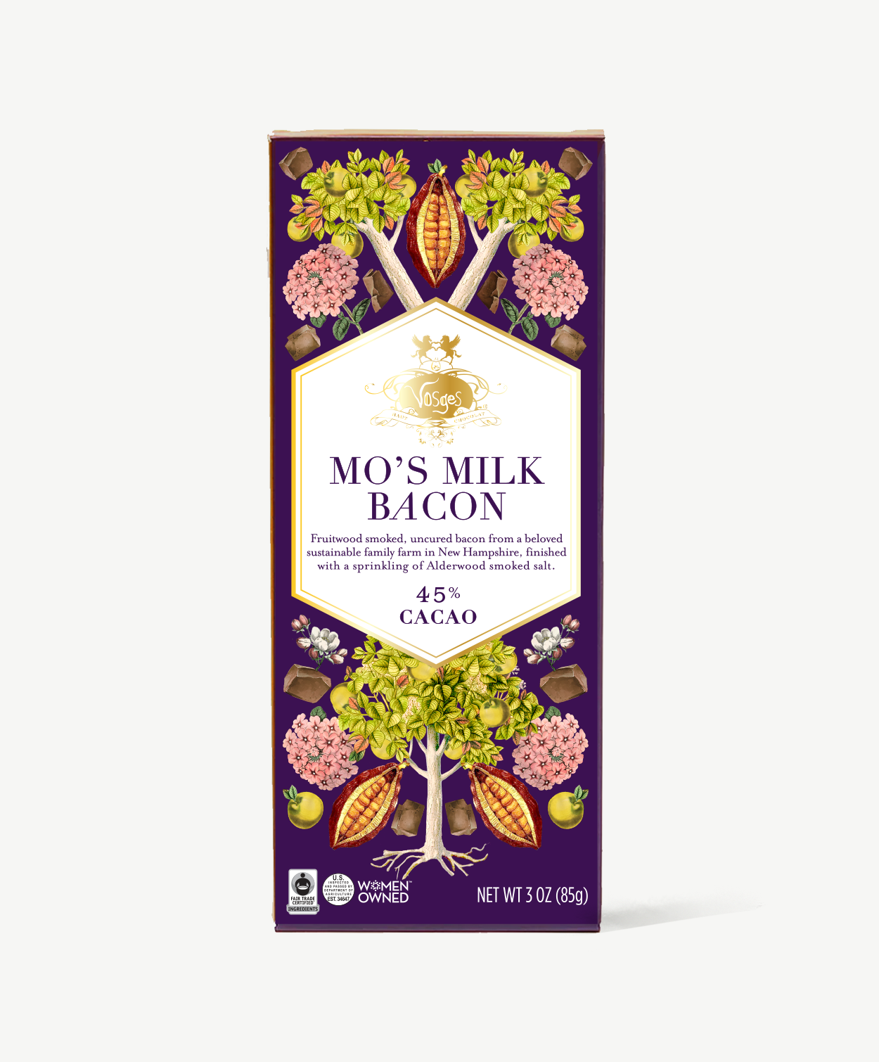 Vosges Mo's Milk Chocolate Bacon bar stands upright displaying a purple box  featuring illustrations of cherries and cheese on a grey background.