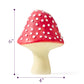 Tall white chocolate hazelnut mushroom red with white polka dots on a white background with product dimensions displaying 6"x4"in purple text.