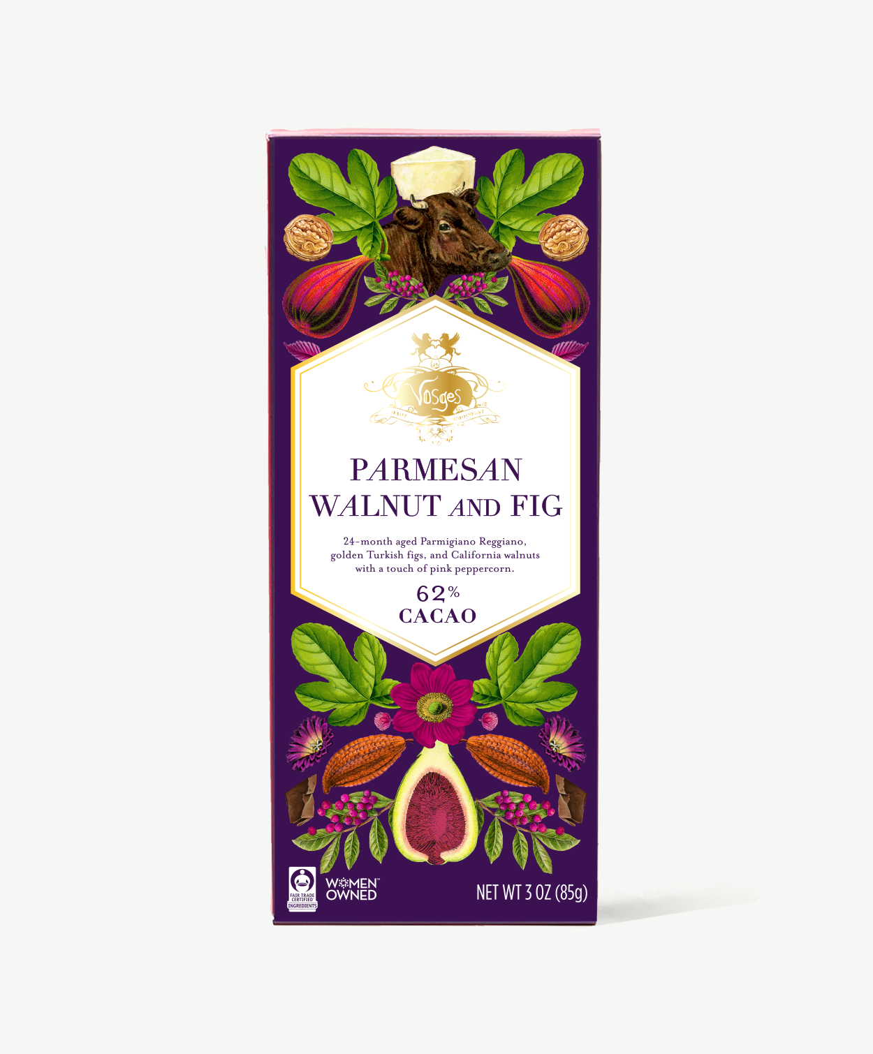 Vosges Parmesan Walnut and Fig bar stands upright displaying a purple box featuring illustrations of cherries and cheese on a white background.