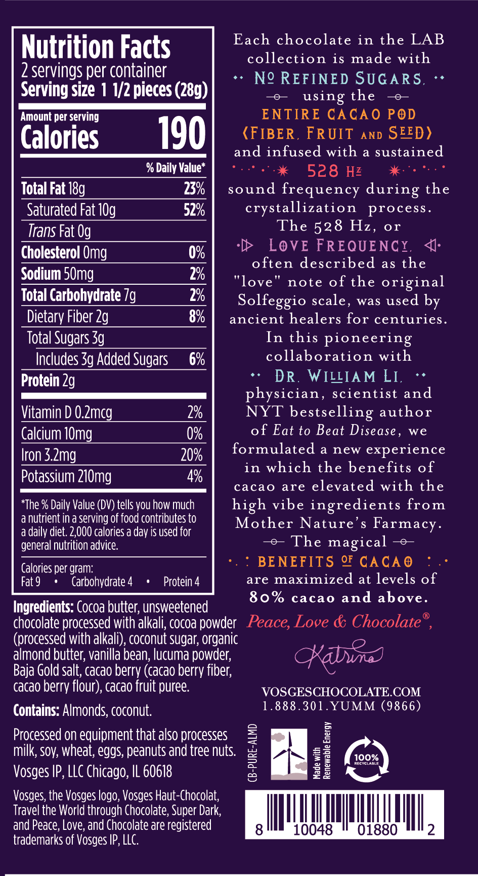 Raw Almond Butter Bar Nutritionals