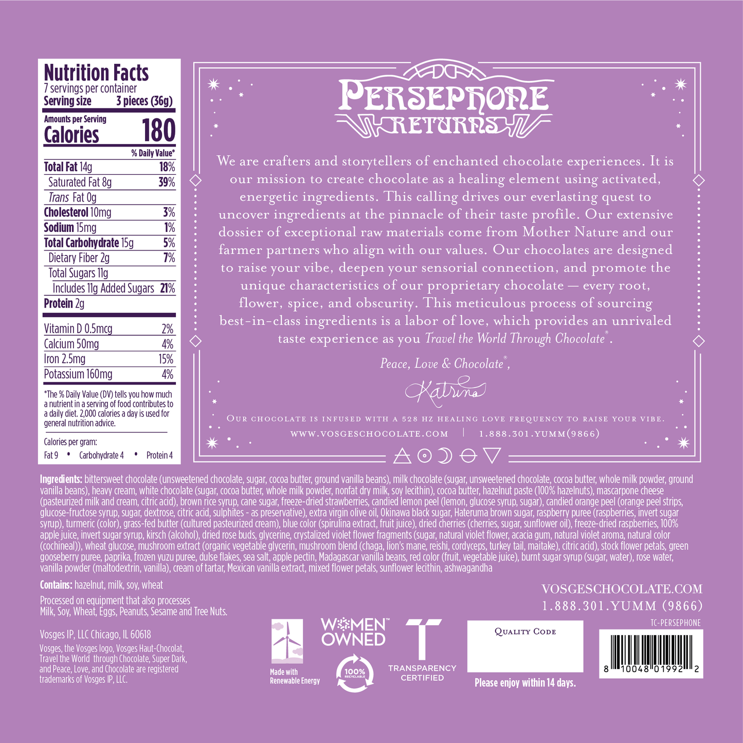 Nutrition Facts and Ingredients of Vosges Haut-Chocolat Persephone Returns in white text, san-serif font on a white background.