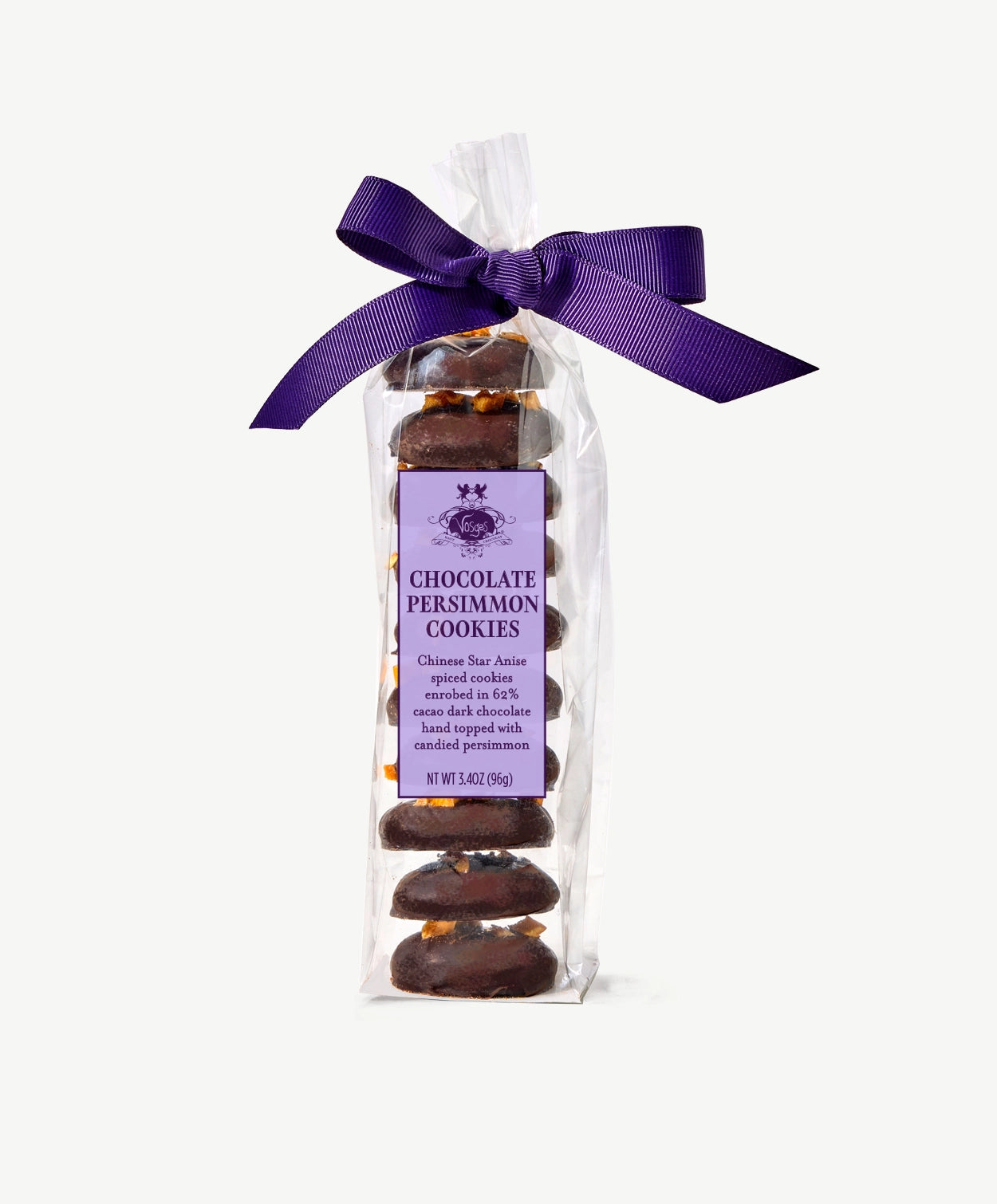 Tall stack of Vosges Chocolate Dipped Persimmon Cookies in a clear plastic wrapper bearing a light purple label, tied with a dark purple bow on a grey background.
