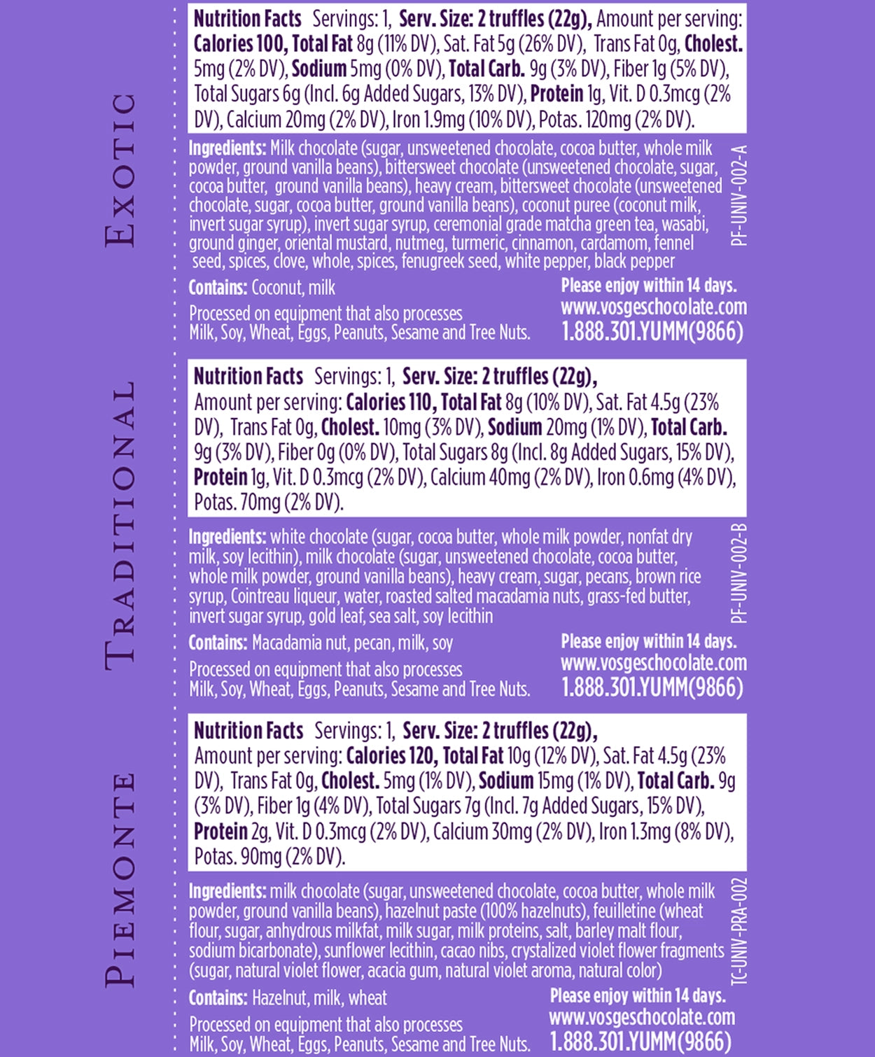 Nutrition Facts and Ingredients of Vosges Haut-Chocolat Exotic, Traditional and Vegan two-piece Chocolate Truffle Collection printed in white san-serif font on a dark purple background.