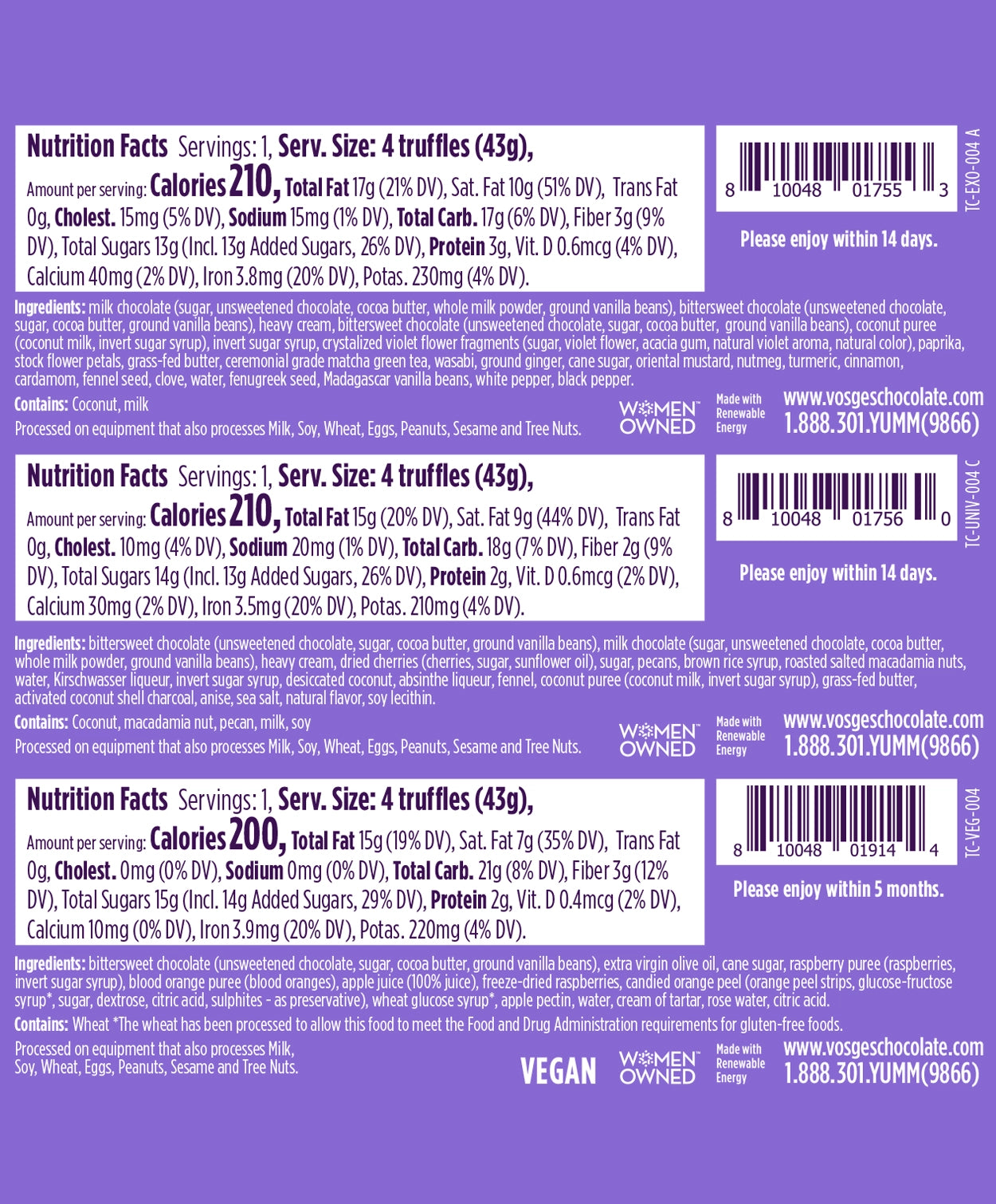 Nutrition Facts and Ingredients of Vosges Haut-Chocolat Exotic, Traditional and Vegan four piece Chocolate Truffle Collection printed in white san-serif font on a dark purple background.