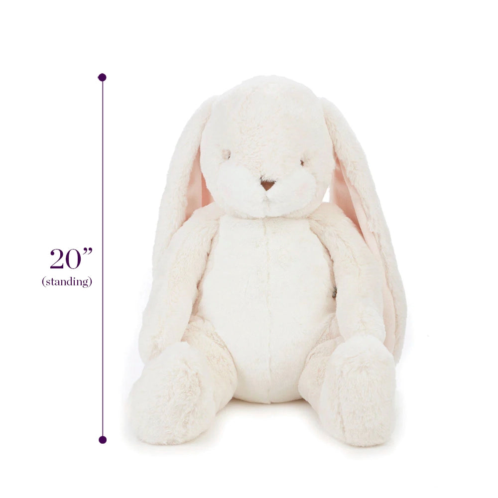 An enormous soft-plush, white snuggle rabbit by bunnies by the bay sits upright on a white background displaying dimensions in purple text.  